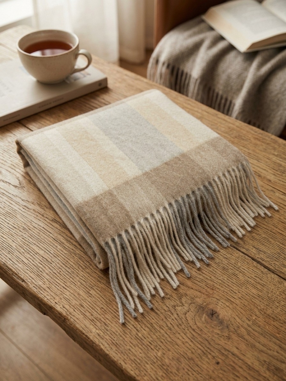 Chequers Plaid Fringe Throw Scarf - Beige & Cream